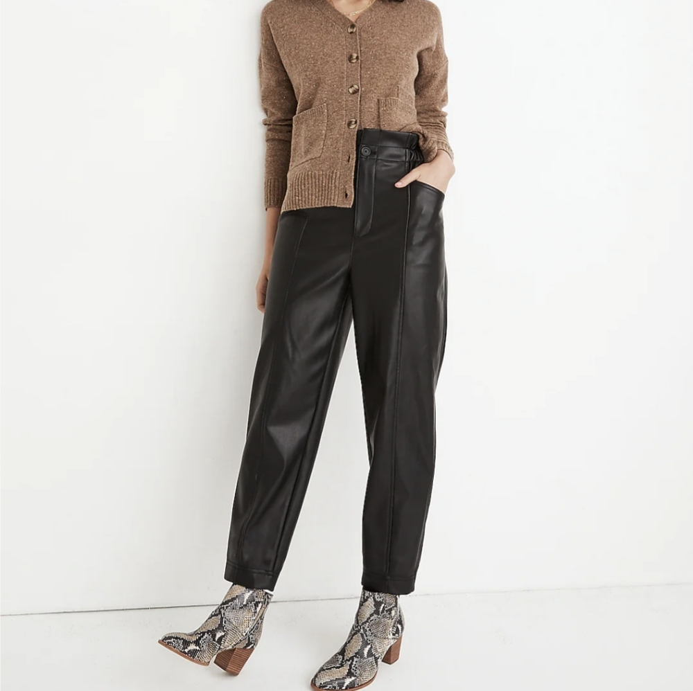 Madewell Vegan Faux Leather Pants Womens 8 Black Paperbag Barrel Leg Pull On NEW